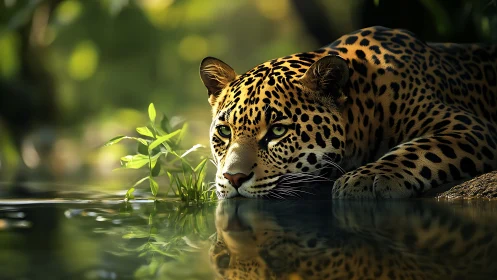Jaguar resting by riverbank with calm reflective water.