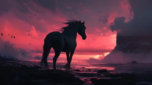 Stormlit midnight stallion against a wildfire horizon.