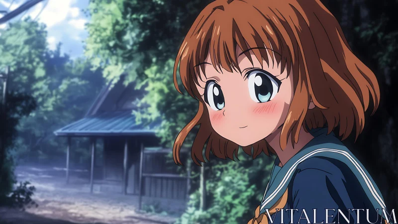 Smiling anime schoolgirl outdoors near quiet forest path.