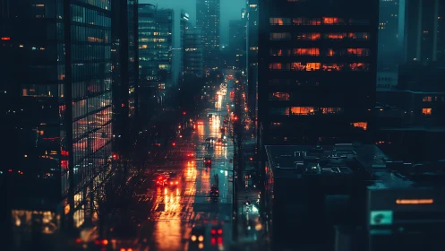 Cozy city night street glowing with soft rainy reflections.