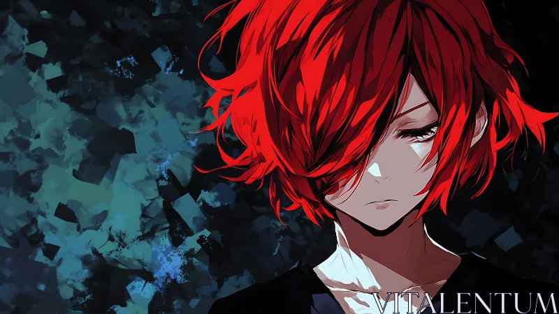 Red haired anime figure with downcast eyes in dark tones.