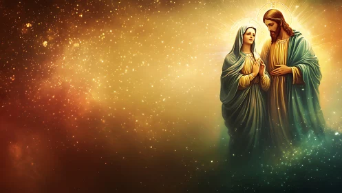 Sacred robed figures stand in radiant golden starlit glory