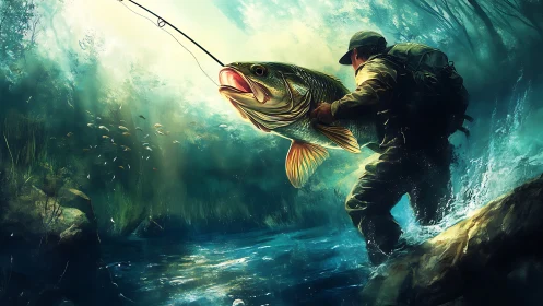 Angler lifts oversized fish from fast forest river shallows