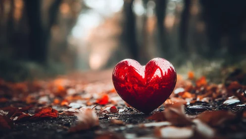 Red heart object on path with fallen leaves and forest background.