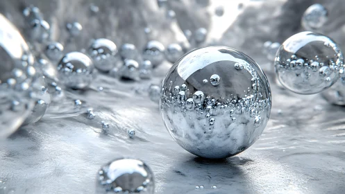 Highly reflective chrome spheres rendered with shallow depth of field