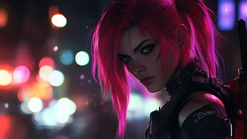 Neon haired cyberpunk sniper studies blurred city lights