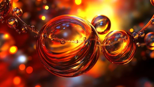 Luminous glass orbs float through molten amber lightscape.
