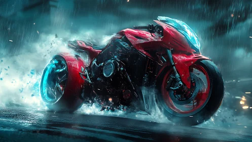Futuristic red superbike drifts through neon rainstorm streets.