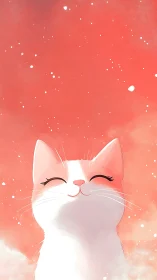 Serene White Cat Against Coral Bokeh Background.