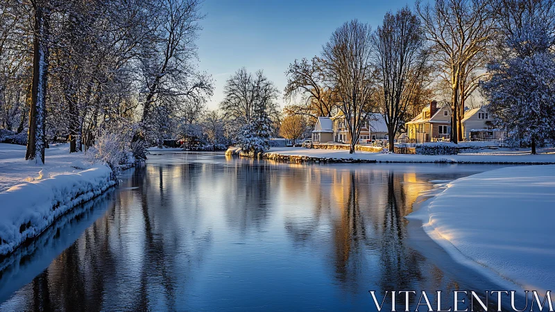 Low-sunlit winter river reflects houses and deciduous treeline