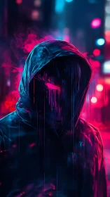 Neon hooded figure dissolves into glitching cyber shadows.