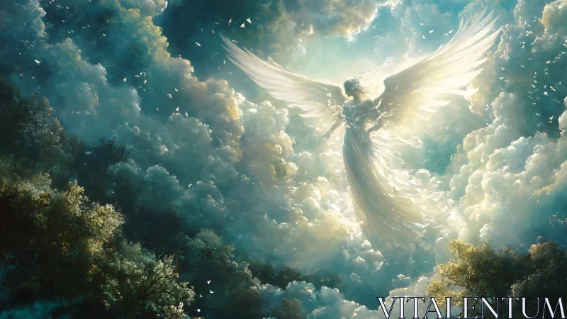 Winged humanoid figure ascending through dense cloudscape.