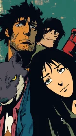 Gritty anime group with wolf companion on worn teal backdrop.