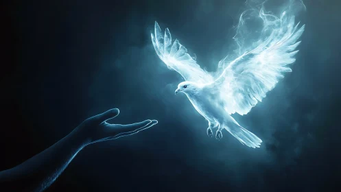Luminous spirit dove rises from an outstretched human hand.