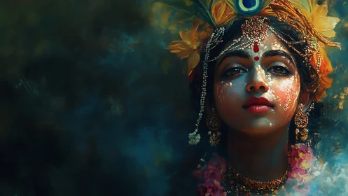 Portrait of a traditionally adorned figure in dense color field.