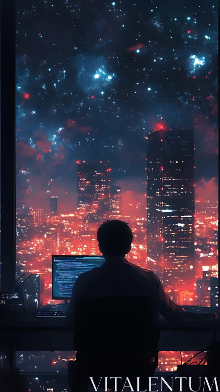 Programmer at workstation facing illuminated night skyline.