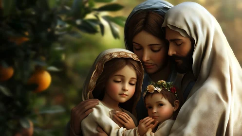 Tender family embrace glows softly in a peaceful orchard