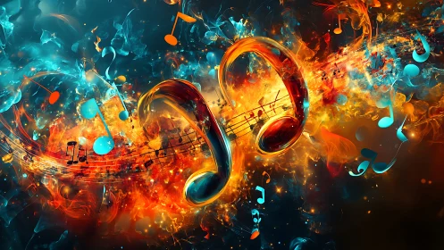 Fiery music notes whirl through cosmic neon soundstorms