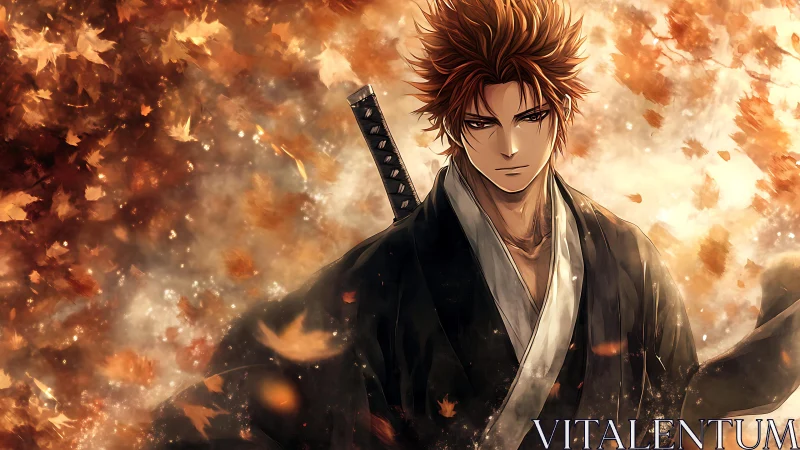 Samurai warrior stands in burning autumn leaves storm