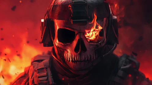 Flaming skull soldier strides through fire with fierce resolve