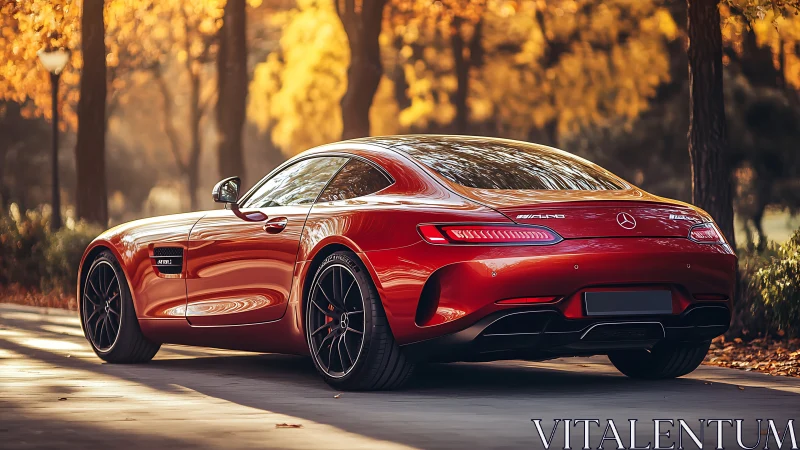 Red Mercedes-AMG GT coupe parked on tree-lined road.