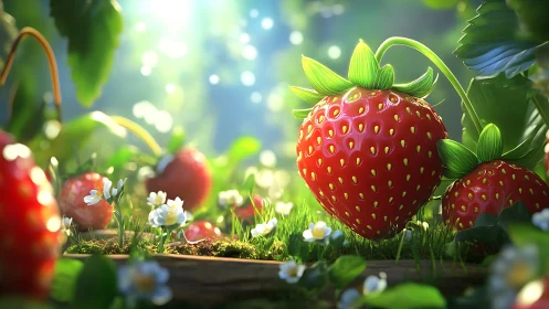 Hyperreal garden strawberries in luminous morning backlight.