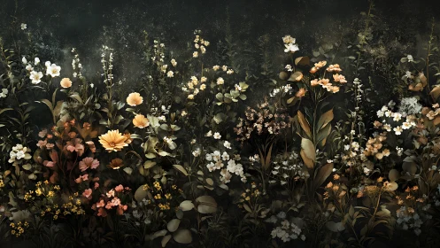 Midnight wildflower garden glowing with quiet golden light.