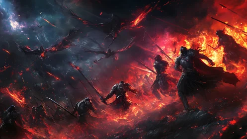 Infernal knight vanguard storms burning battlefield sky