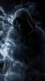 Hooded grim reaper silhouette in swirling spectral smoke.
