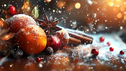 Snow-dusted citrus and spices glow in warm festive light