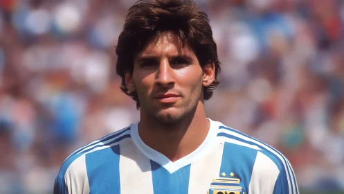Footballer in striped Argentina kit under stadium daylight.