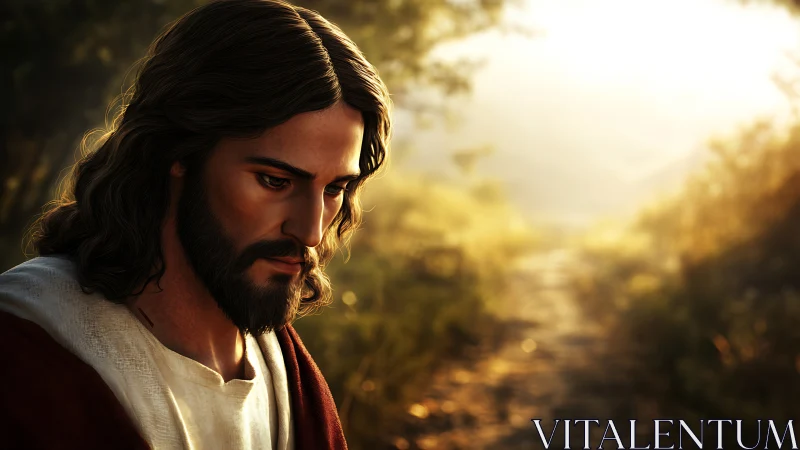 Devotional portrait of robed man walking a sunlit path at dawn