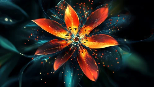 Luminescent fractal flower with radiant orange petals on black