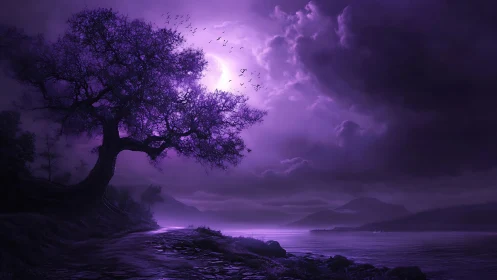 Monochromatic violet lakeside landscape with silhouetted bent tree
