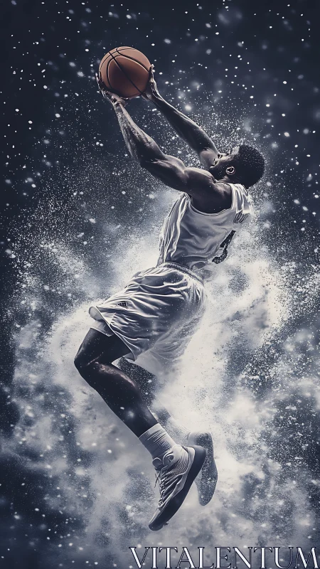 Soaring basketball player rises through swirling white dust