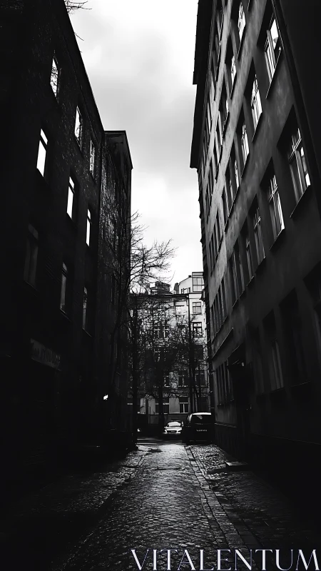 Narrow cobblestone alley between tall city buildings at dusk.