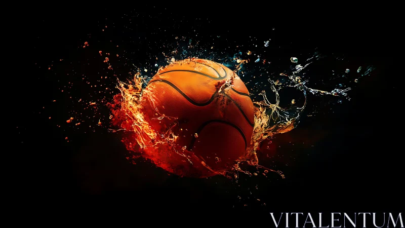 Explosive basketball impact with fiery liquid splash effect.