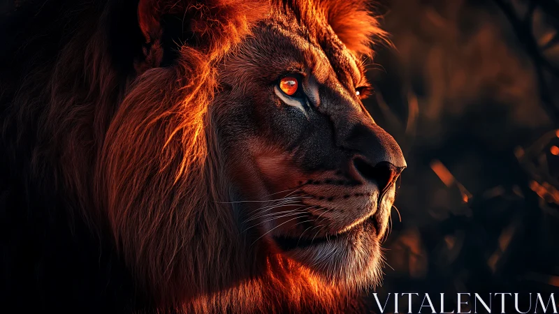 Lion portrait burns with dramatic sunset rim lighting