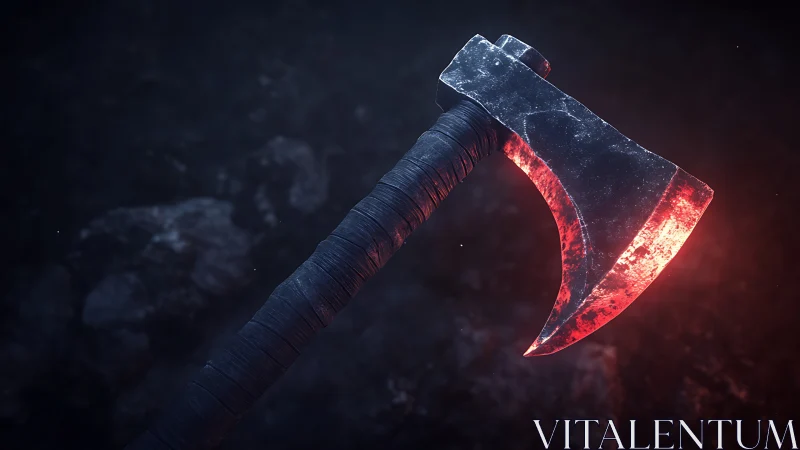 Smoldering battle axe glows with fierce forged power in darkness