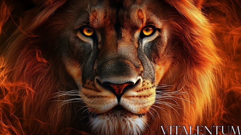 Lion portrait burns with molten amber firelit intensity.