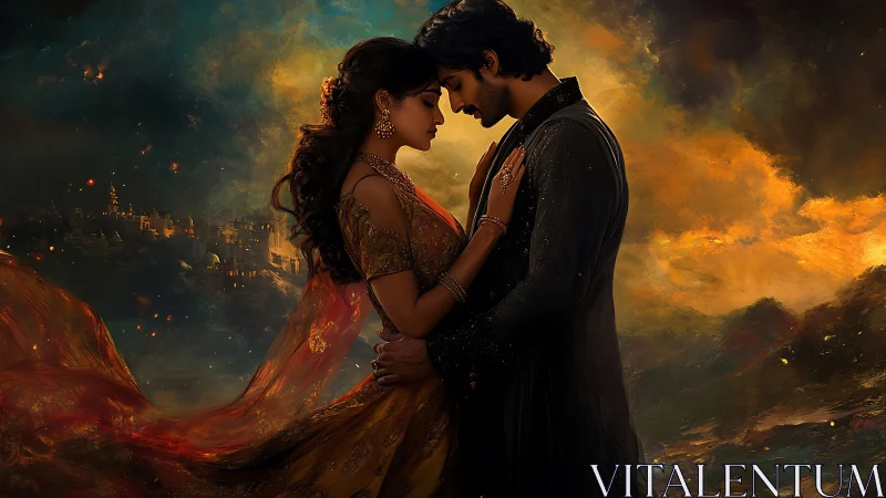 Romantic Fantasy Couple in Dramatic Golden Atmosphere