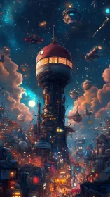Dense futuristic city with central tower under starry sky.