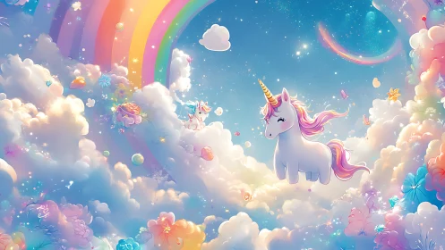 Pastel unicorns drift through radiant rainbow cloudscape.