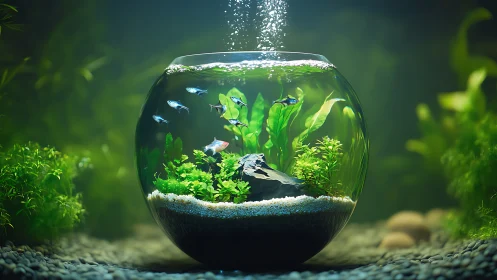 Cozy glass aquarium world with playful neon blue fish.