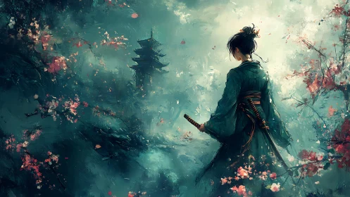 Samurai woman in misty landscape with distant pagoda.