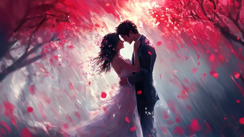 Romantic couple embracing under falling rose petals.