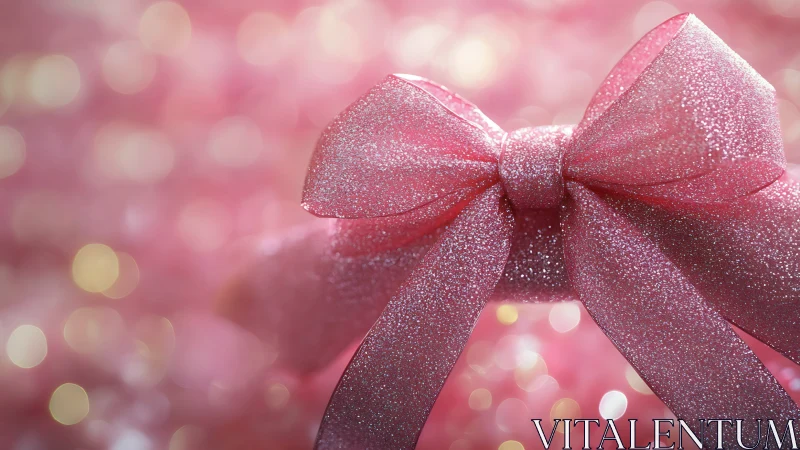 Glittered pink ribbon bow in soft bokeh festive lighting.