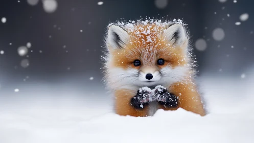Snowy young fox curled in soft winter snowfall portrait.