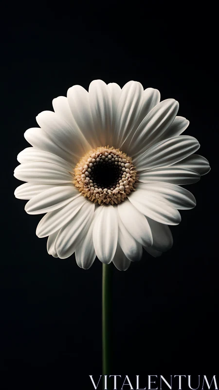 White Gerbera Daisy With Golden Center Against Black Backdrop.
