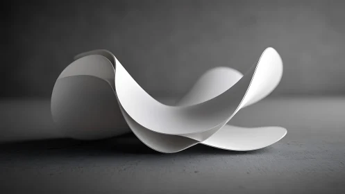Abstract curled white paper sculpture on gray background, minimal style.